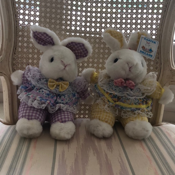 2 NWT Easter Bunny Rabbit White Wearing lace and gingham stuffed animals - Picture 1 of 16